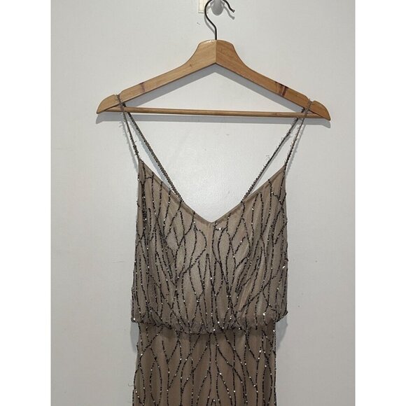 Adrianna Papell Beaded Mesh Blouson Gown Champagne Taupe Silver sz 6 Bridesmaid - Picture 5 of 11
